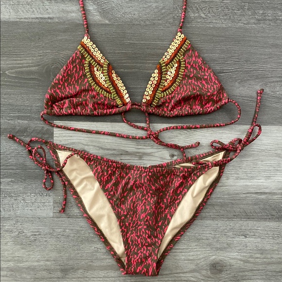 Victoria's Secret Two Piece Triangle Tie Bikini Womens Medium Red Green Scrunch - Picture 1 of 9